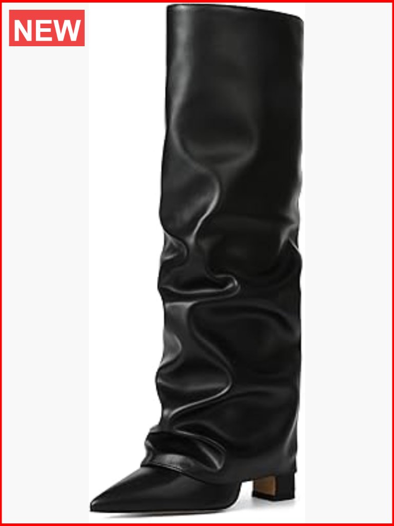Slouchy Knee High Boots Pointed Toe Chunky Heel Fold Over